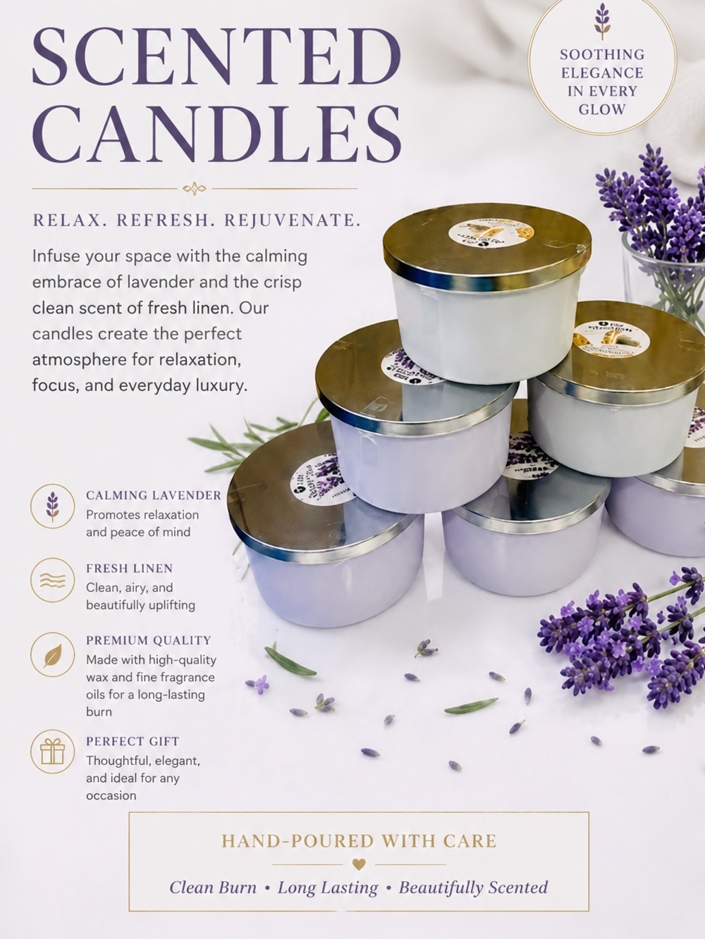 Large Scented Candle in Lavender or Fresh Linen